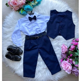 Conjunto Social Infantil Completo Miss Cherry Colete Azul Marinho Para Casamento, Batizado e Festas