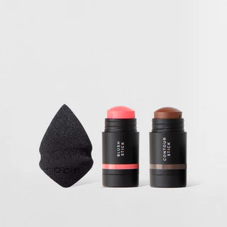 Kit Mini Blush Bastão Rosa + Mini Contorno Bastão Marrom Escuro + Mini Esponja Maquiagem Océane Edition (3 Produtos) em Oferta na Shopee