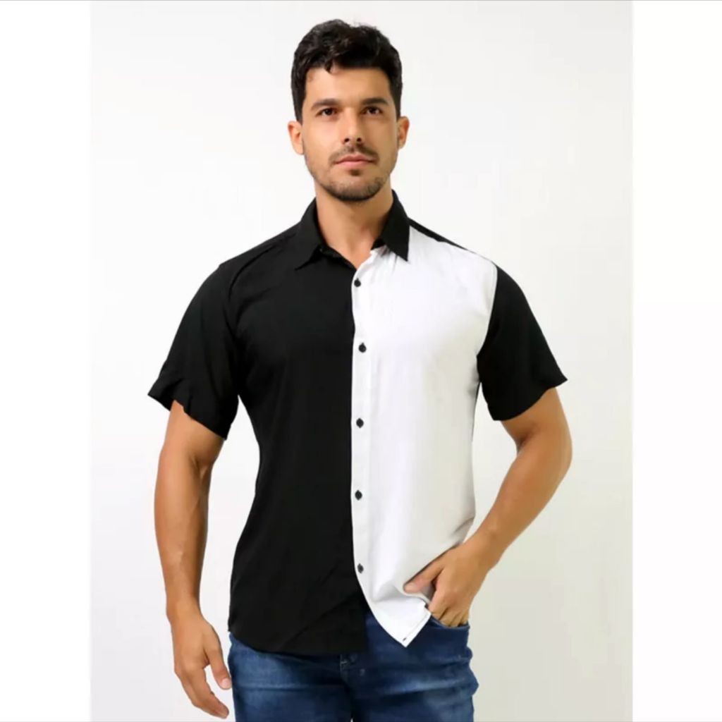 Camisa Social Masculina Manga Curta Lisa preta e branca | Shopee Brasil