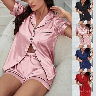 Conjuntos De Pijama De Seda Cetim Manga Curta Duas Peças Pijama Button-Down Plus Size M-2XL 010 ll nnn em Oferta na Shopee