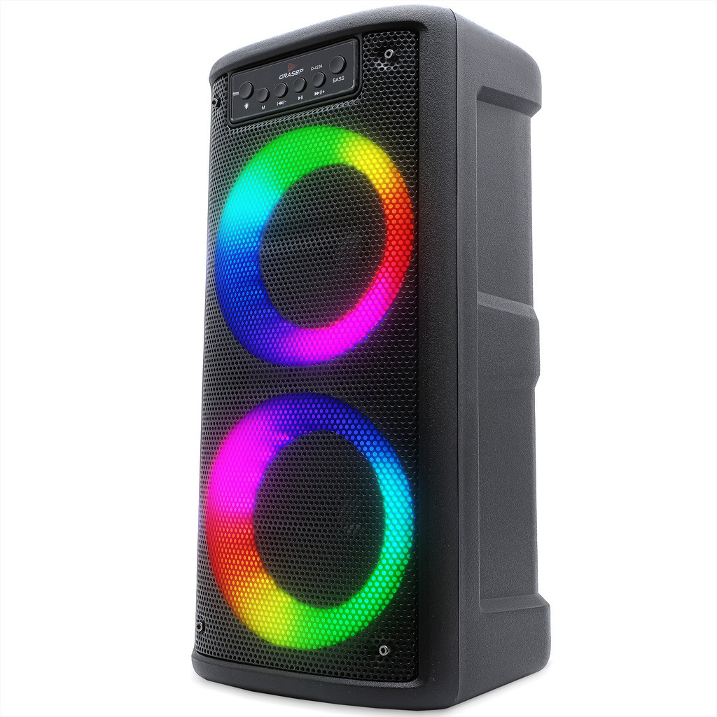Caixa de Som Bluetooth Grande Amplificada Torre Painel Led RGB Grasep Ultra Potente 2 Alto Falante