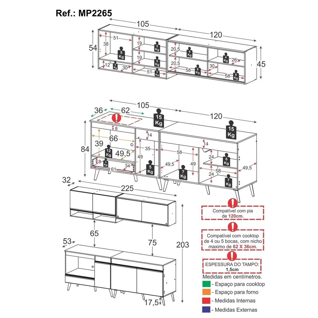 Armário de Cozinha Modulada Compacta 225cm com Balcão para Cooktop