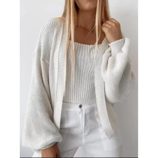 Casaco Tricot Cardigan Feminino Ponto Fang Manga Longa Bufante Inverno