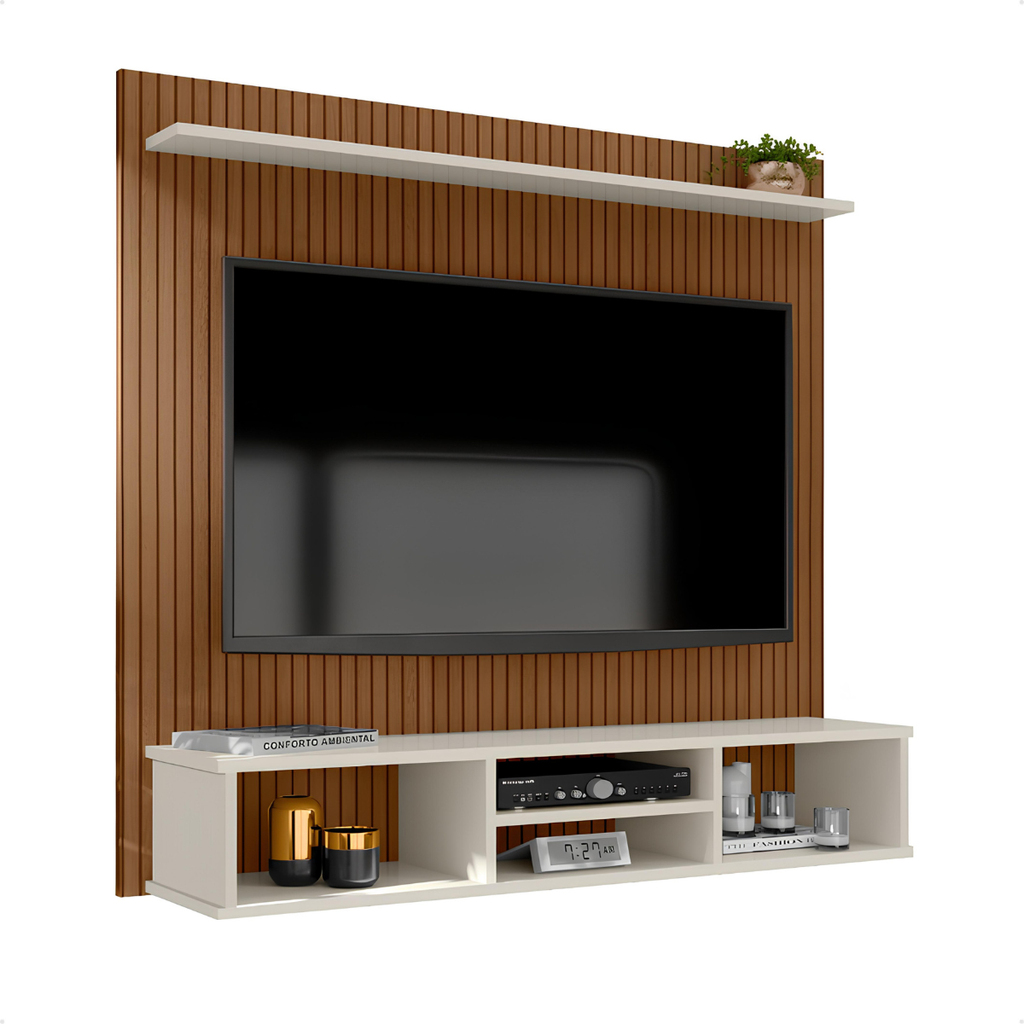 Painel Ripado para TV até 50 Polegadas com Nicho e Prateleira Ideal Sala Quarto Suporte Estante