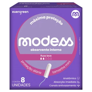 Absorvente Interno Modess Mini Fluxo Leve com 8un Evergreen em Oferta na Shopee
