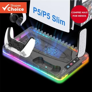 Efeito RGB 7 Cores Preto Transparente PS5 Slim/PS5 Base Ventilador Resfriamento com Suporte CD e Gancho Fone de Ouvido