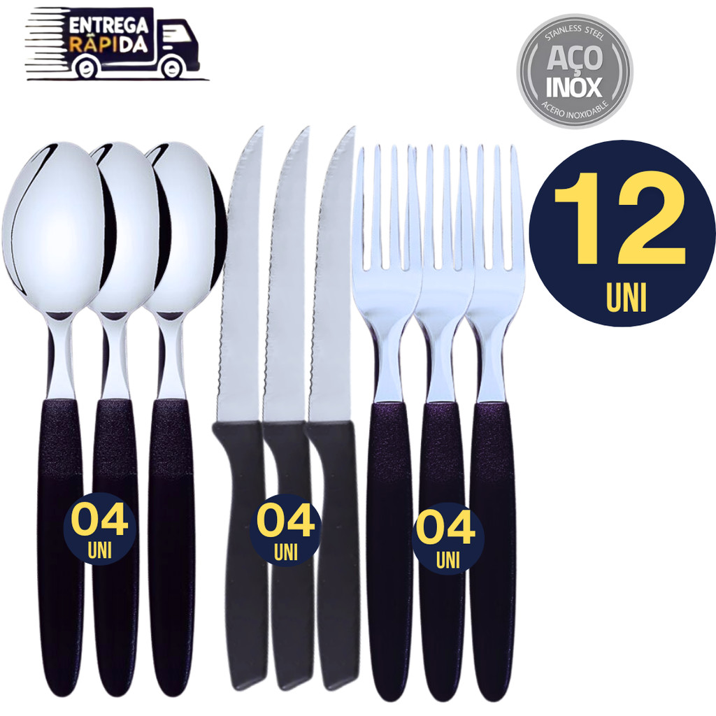 Kit de Talheres 12 peças Preto Aço Inox 04 Facas 04 Garfos e 04 ...