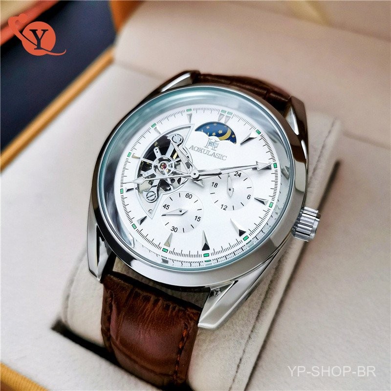 Relógio Masculino Totalmente Automático Relógio Mecânico Esqueleto Tourbillon Impermeável Luminoso Fase da Lua Multifunc