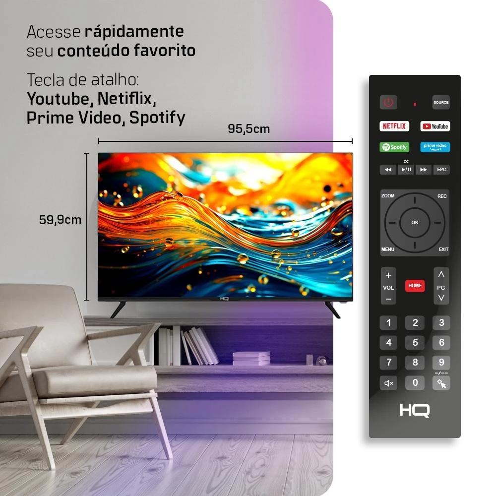 Controle remoto da Smart TV HQ com botões de atalho para Netflix, YouTube, Prime Video e Spotify