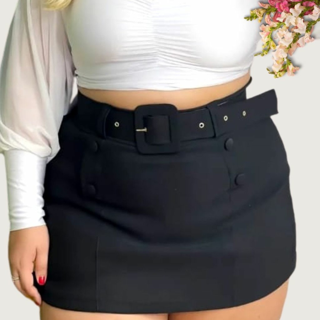Short Saia Feminino Plus Size de Botões Cinto Cintura Alta 0216 ...