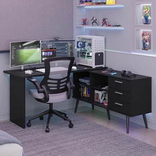 Mesa para Computador Gamer em L 3 Gavetas Preto Lisboa Madesa em Oferta na Shopee