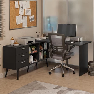 Mesa de Escritório em L 3 Gavetas Prreto Lisboa Madesa XA em Oferta na Shopee