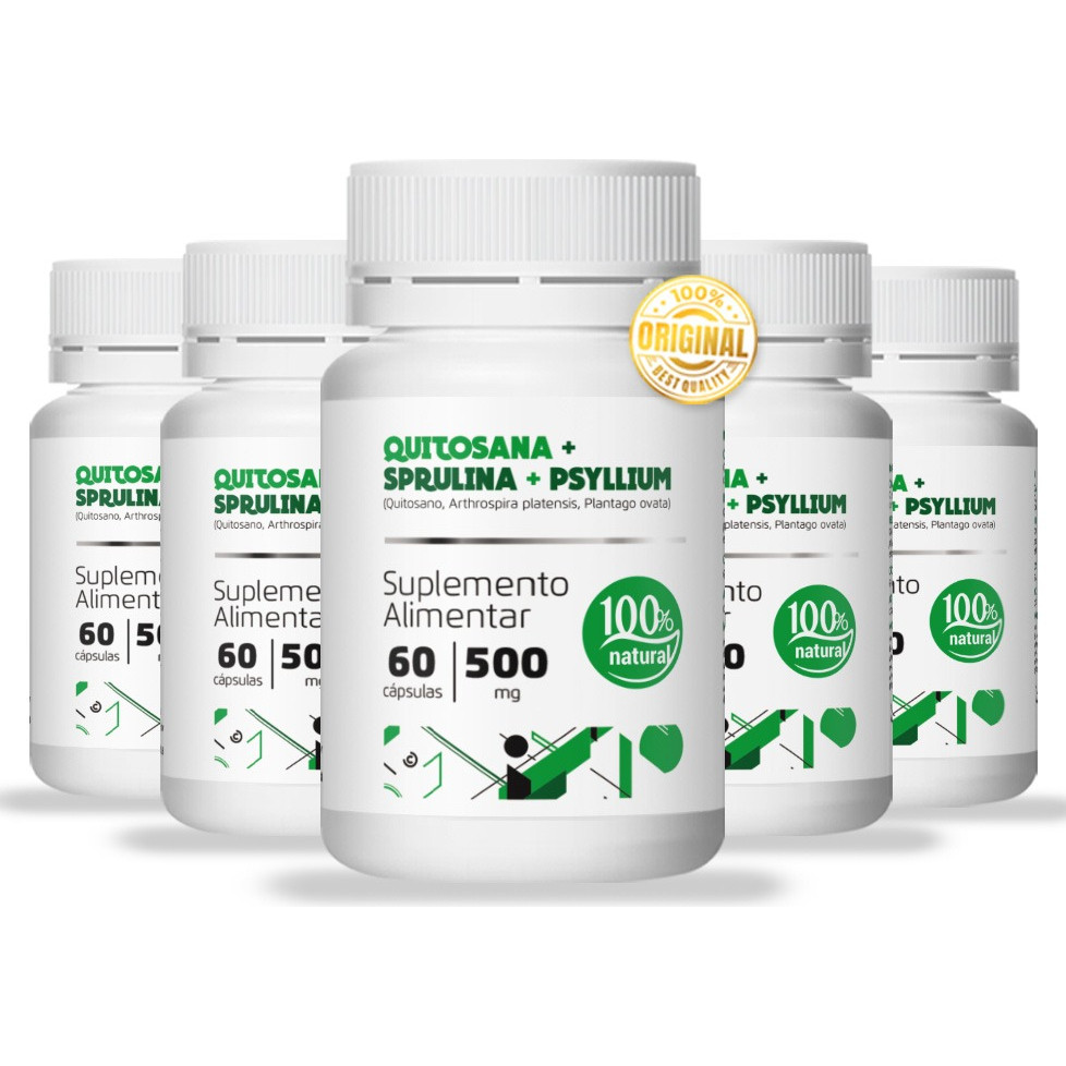 Quitosana Spirulina Psyllium - Kit 5 Frascos - 60 Cáps Cada. | Shopee ...