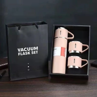 Kit Garrafa Térmica Vacuum Bottle Inox 500ml + 3 Xícaras Caneca Bebidas Fria Ou Quente