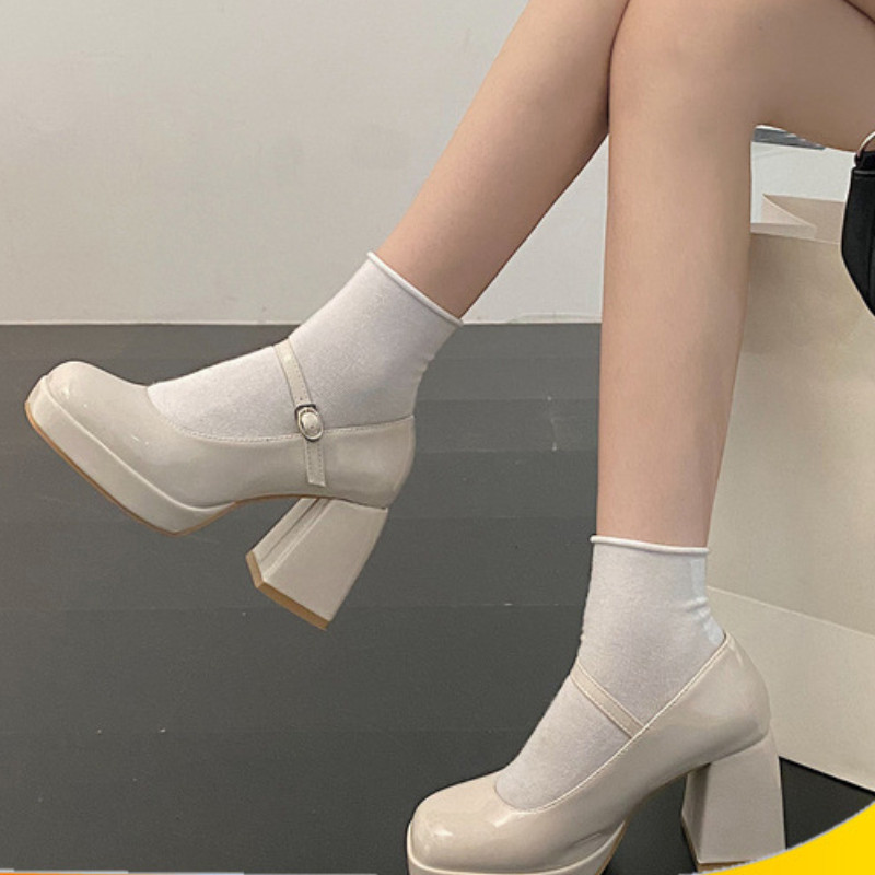 IELGY Mary Jane Sapatos Femininos De Salto Bloco Com Sola Grossa