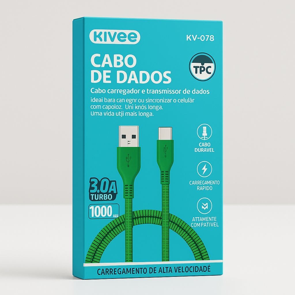 Cabo de Dados Kivee KV-078 Tipo-C 3A Turbo – 1 Metro, Carregamento ...