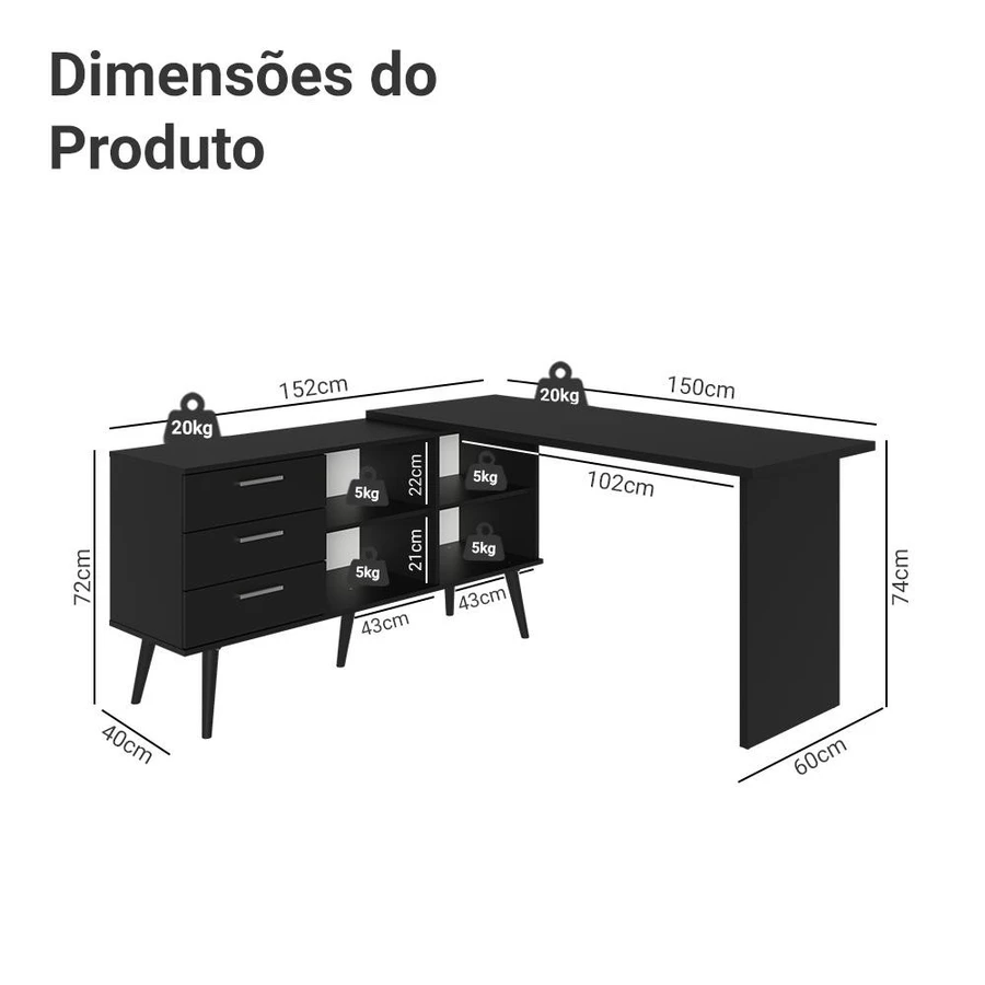 Mesa para Computador em L com 3 Gavetas Lisboa Madesa – Design Moderno - foto 6