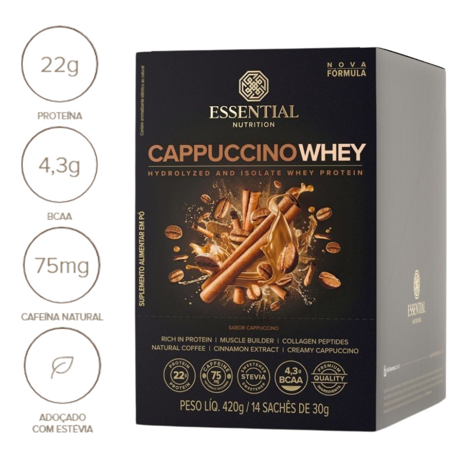 WHEY PROTEIN ESSENTIAL NUTRITION CAIXA 14 SACHES - SABOR CAPPUCCINO ...