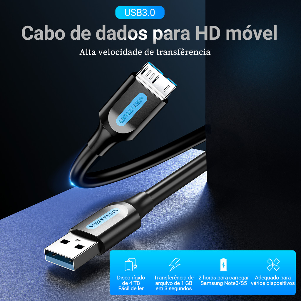 Cabo Para HD Externo Disco Rígido 1 Metro USB 3.0 P/ Micro B