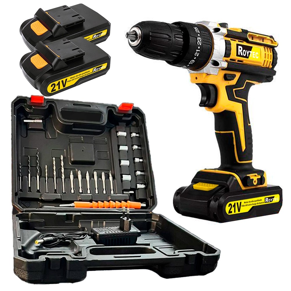 Kit furadeira sem fio 21V, mandril sem chave 3/8", furadeira 2 baterias, amarelo, com função impacto
