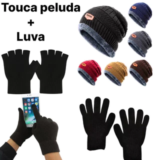 Kit inverno Touca com Pelinhos Cores + Luva de Lã Touch screnn luva meio dedo