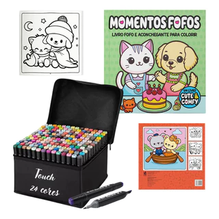 Kit Livro de Colorir Bobie Cute&Comfy Goods + Canetinhas Coloridas Ponta Dupla Touch Acrílica Brush 24/36/48 em Oferta na Shopee