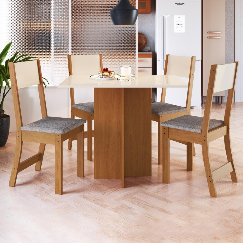 Conjunto Sala de Jantar Fidelitá Roma Com 4 Cadeiras Freijó/Off-White/Linho