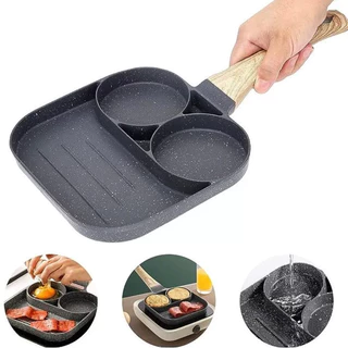 Frigideira Multifuncional Antiaderente 4 em 1 Ovos Hambúrguer Omelete Com Alça De Madeira funciona em fogão de indução em Oferta na Shopee