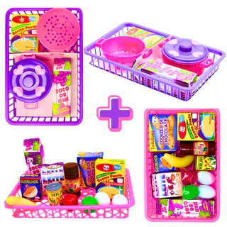 Brinquedo Para Menina Mercadinho + Panelinhas 18 Peças Feirinha Comidinhas Mercadinho Faz de Conta