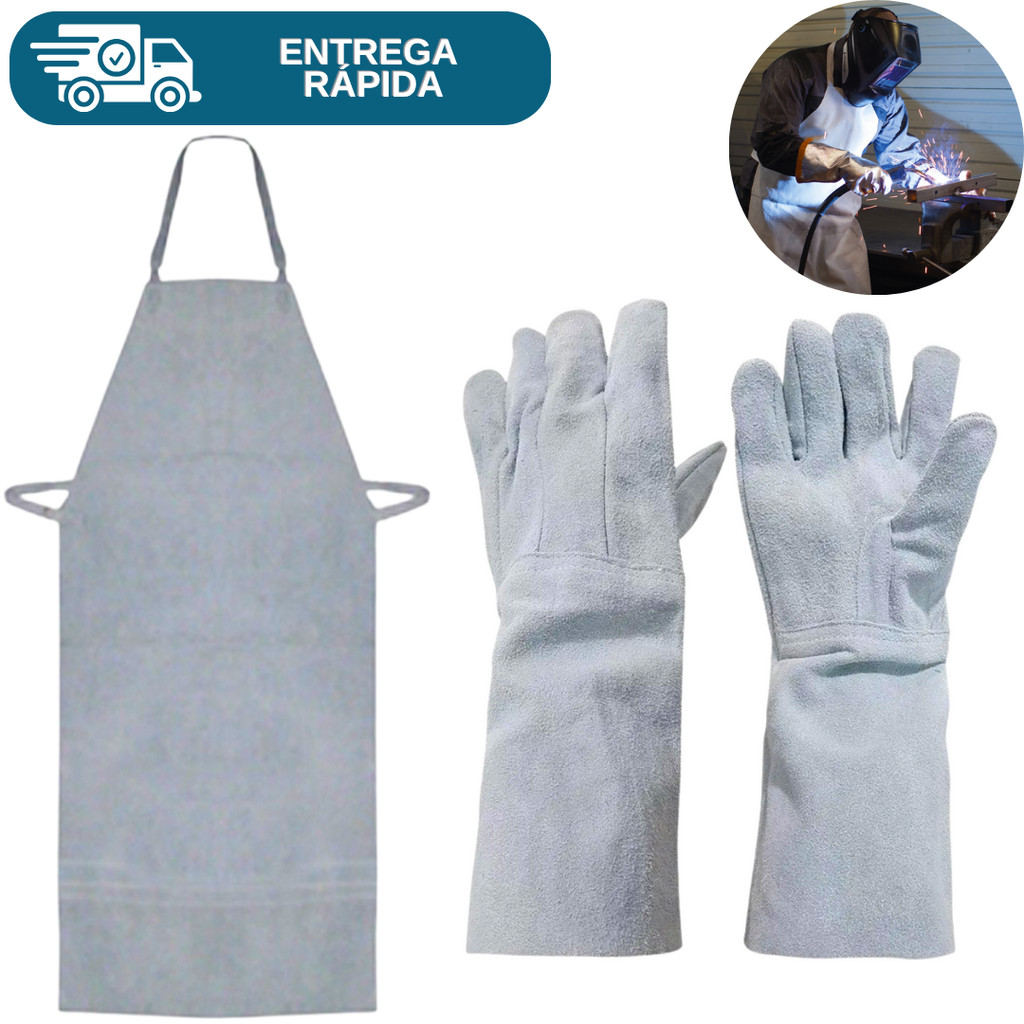 Kit Epi Soldador Luva De Raspa Couro Cano Longo Punho 20cm + Avental De ...