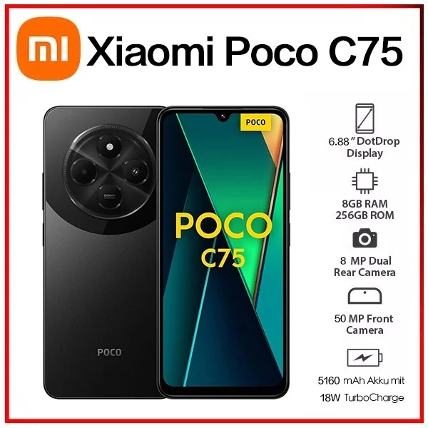 (Novo) Xiaomi Poco C75 Preto 8GB 256GB RAM 6GB 128GBRAM