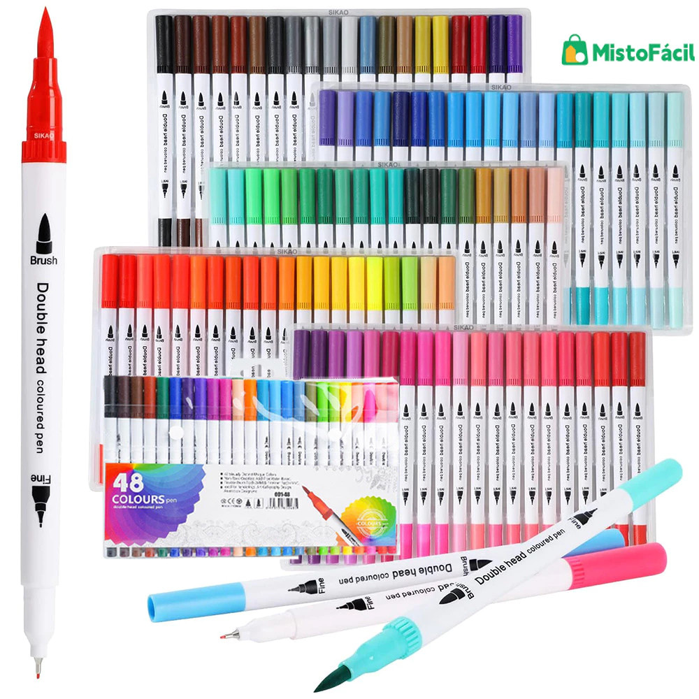 Kit 12/24/36/48/60 Canetas 2 em 1 Brush Lettering e Ponta Fina Dual Pen Canetinha Colorir Desenho