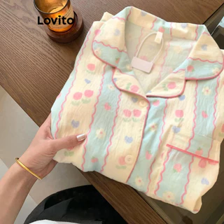 Lovito Conjunto de pijama casual liso Padrão para mulheres LNA71285(Multicolorido) em Oferta na Shopee
