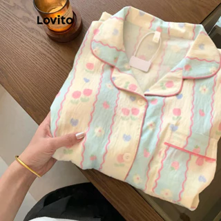 Lovito Conjunto de pijama casual liso Padrão para mulheres LNA71285(Multicolorido) em Oferta na Shopee