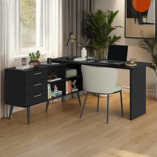 Mesa de Estudos em L 3 Gavetas Preto Lisboa Madesa em Oferta na Shopee