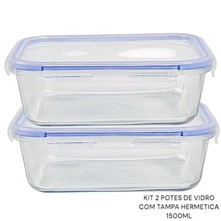 Potes de vidro com tampa hermética kit com 2 refratário 1500ML