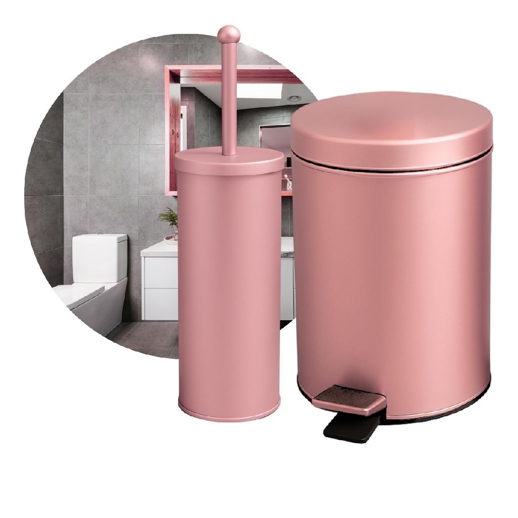 Kit Lixeira 3l Rose Gold E Escova Sanitária Com Suporte Inox