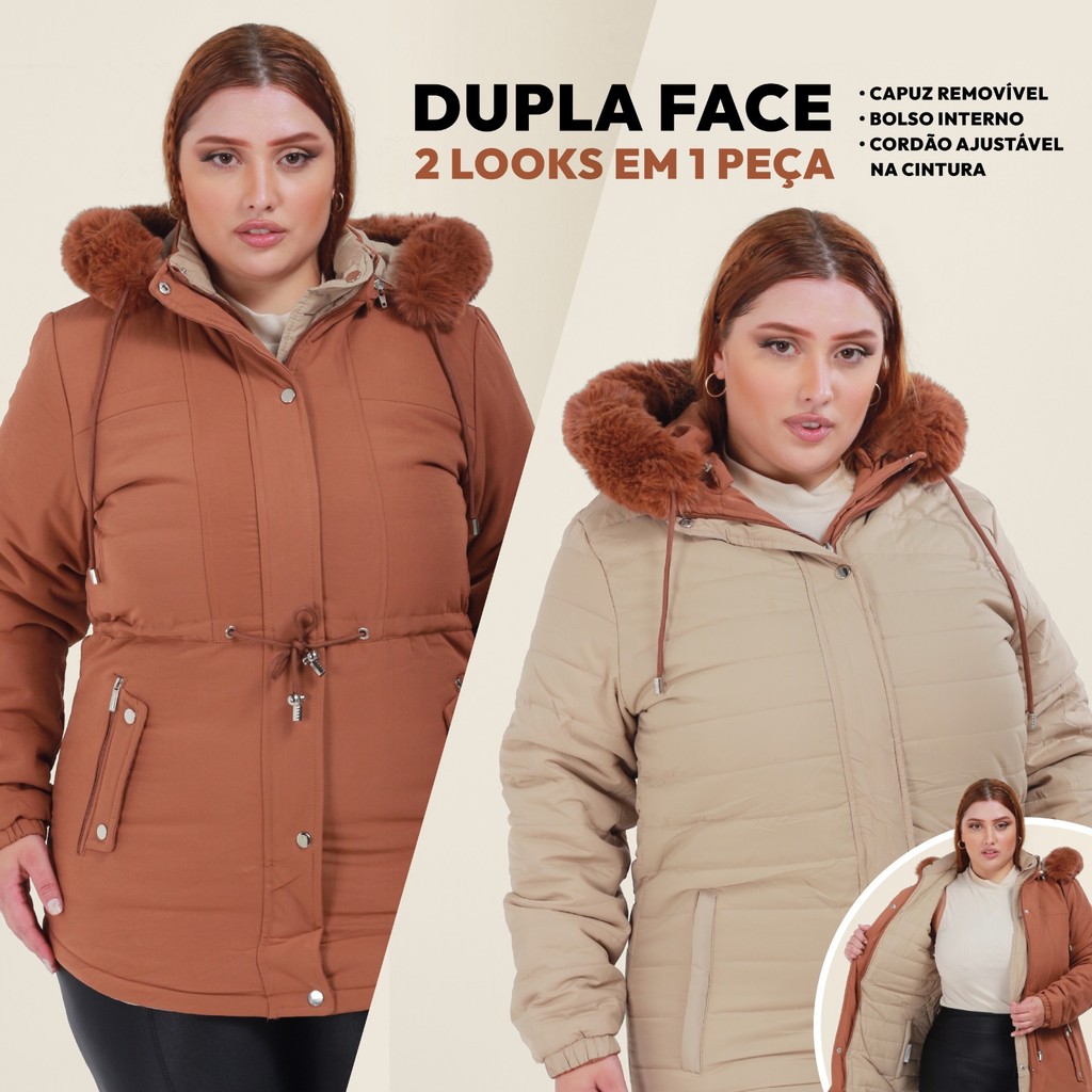 Parka Feminina Jaqueta Dupla Face Sobretudo Plus Size Premium Inverno ...