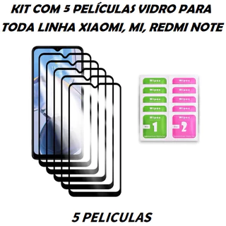 Kit com 5 peliculas vidro para para TODA LINHA XIAOMI Redmi Note 10s Poco M7 X6 X7 PRO 13 12 PRO 14 12C 14C NOTE 11/11S