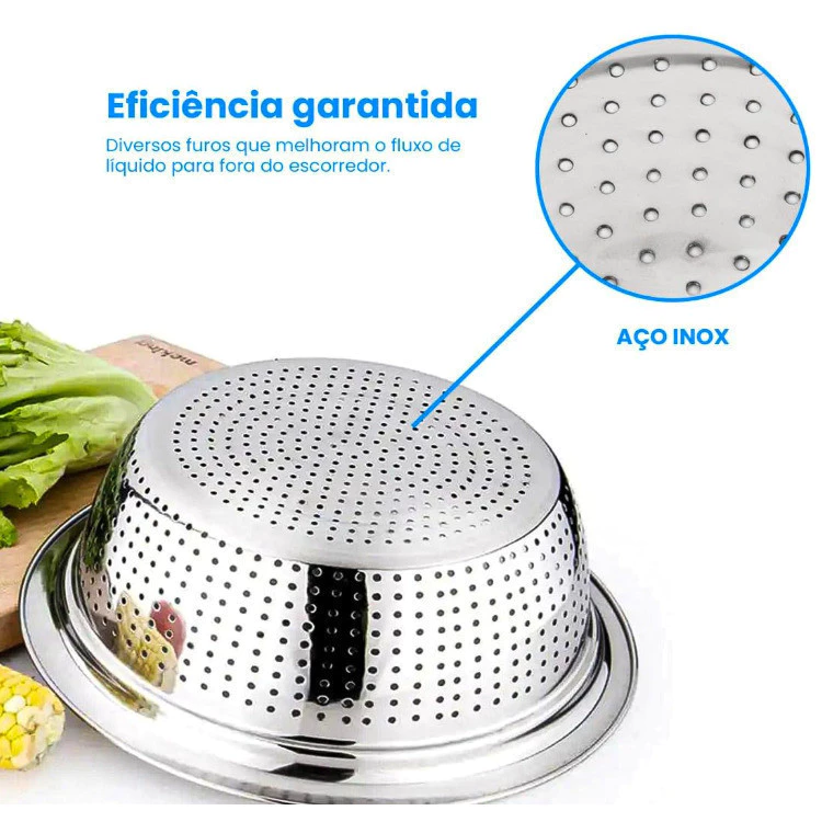 Vista inferior do escorredor de inox destacando a furação eficiente para escoamento de líquidos com um zoom circular
