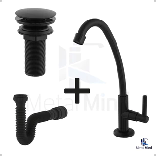 Kit Torneira Alta Pia Banheiro Lavatório ABS + Valvula 7/8 + Sifão - BLACK
