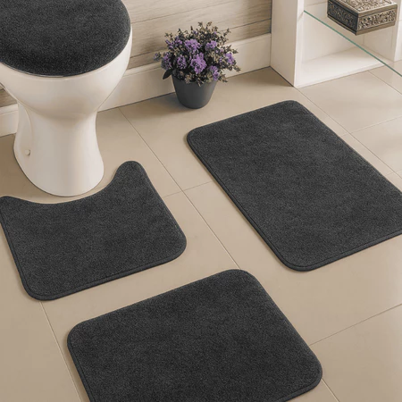 Jogo de Tapetes para Banheiro 3 Peças | Algodão Pelúcia Macio Antiderrapante – Cores: Rosa, Preto, Marfim, Branco, Cinza