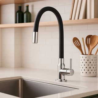 Torneira Bancada/Mesa Cozinha Preta Tubo Flexível Silicone Com Arejador e Giro de 360°