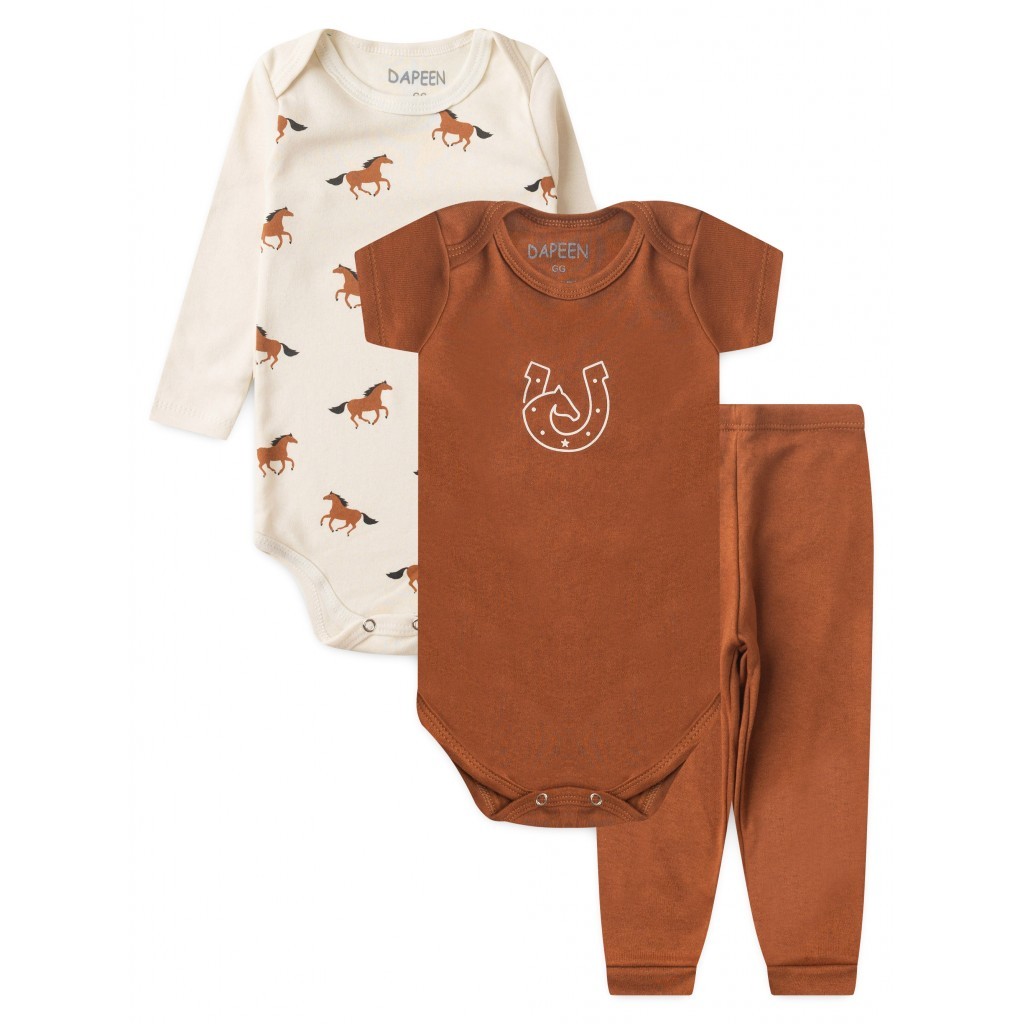 Kit Roupas Bebê Menino Algodão | Body Mijão Pagão Estampa Cavalo Off White em Oferta na Shopee