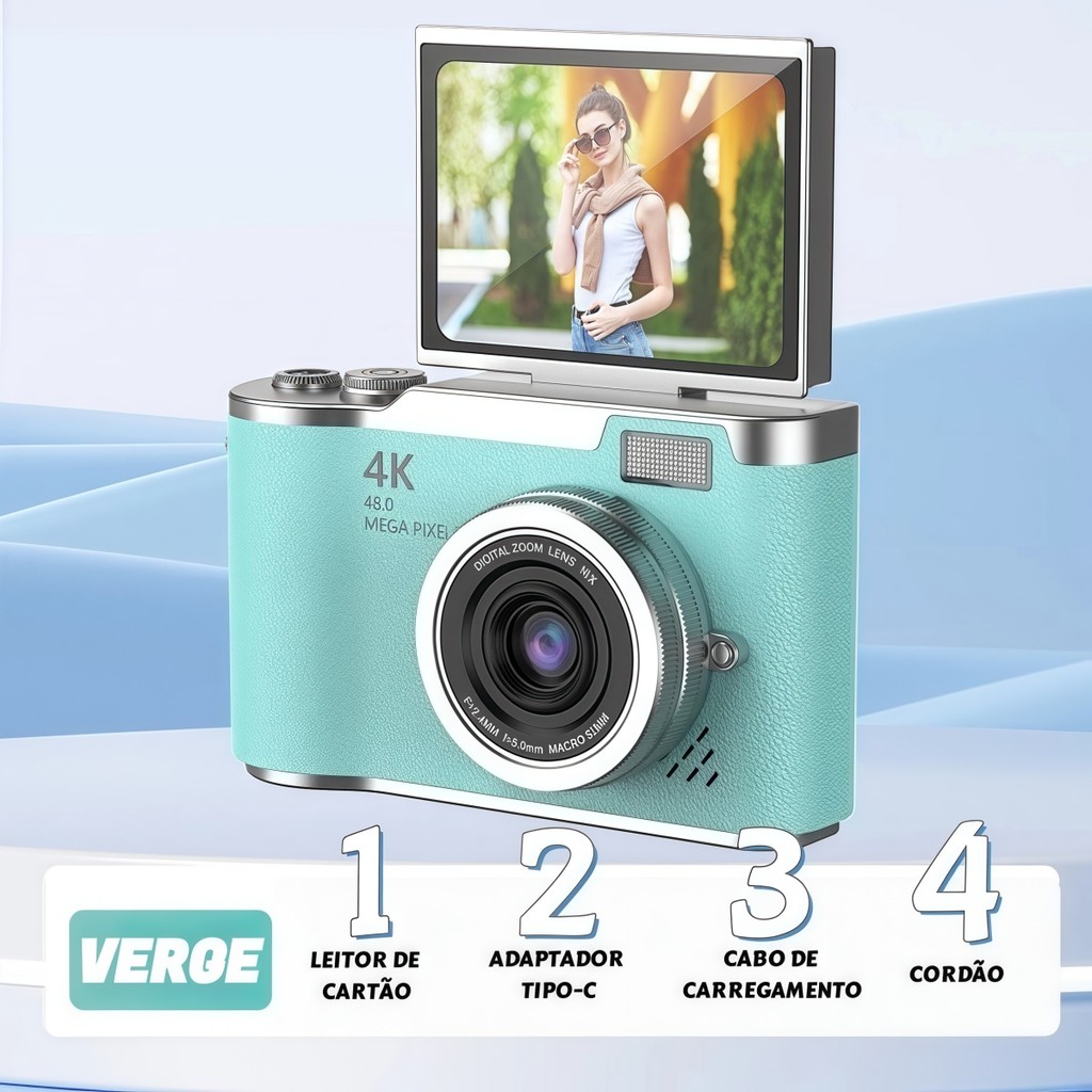 Câmera Digital 4K com CCD, Zoom 8x, 48MP 4K, Autofoco e Gravador