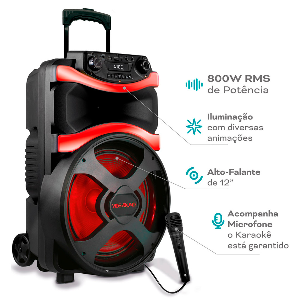 v12sound01 Caixa de Som Amplificada Vibe Sound V12 Power 800W – Bluetooth, TWS, L