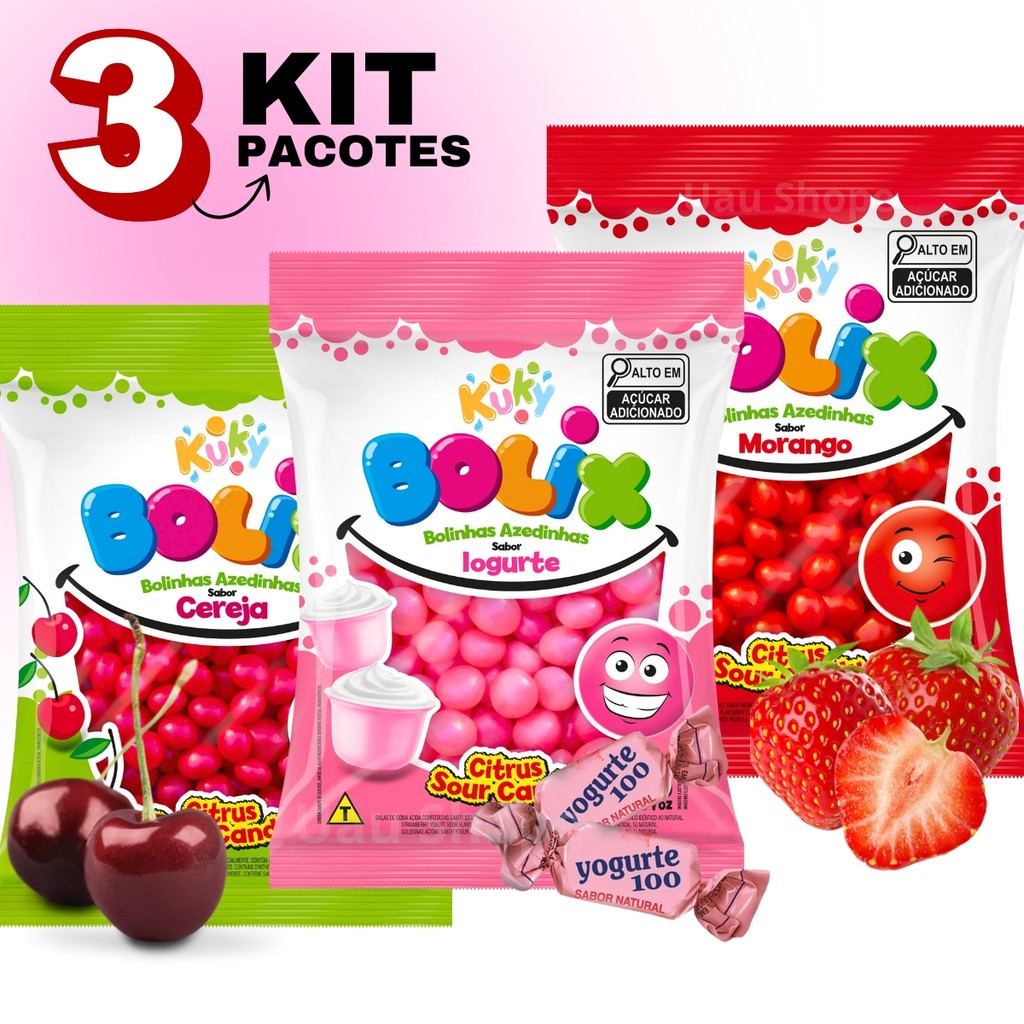 Kit 3 Balas De Goma Azedinha Bolix Cereja Morango Iogurte 500g