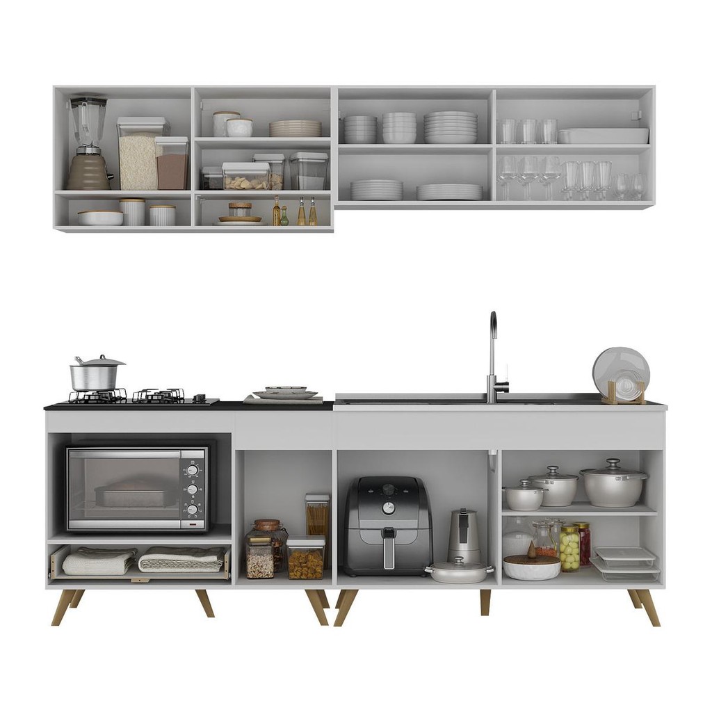 Armário de Cozinha Modulada Compacta 225cm com Balcão para Cooktop