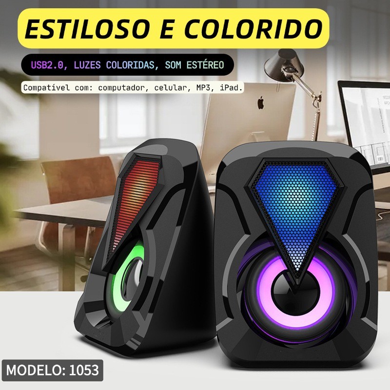 Caixa De Som Gamer RGB LED Compacta Para PC Computador Audio Imersivo