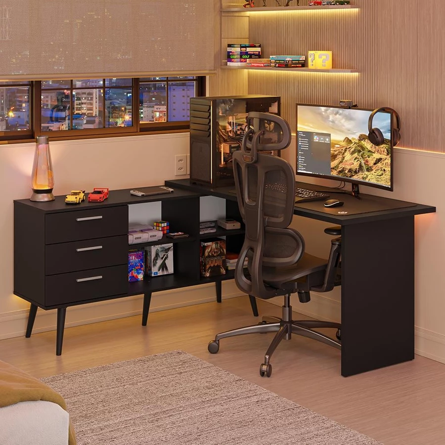 Mesa para Computador em L com 3 Gavetas Lisboa Madesa – Design Moderno - foto 4